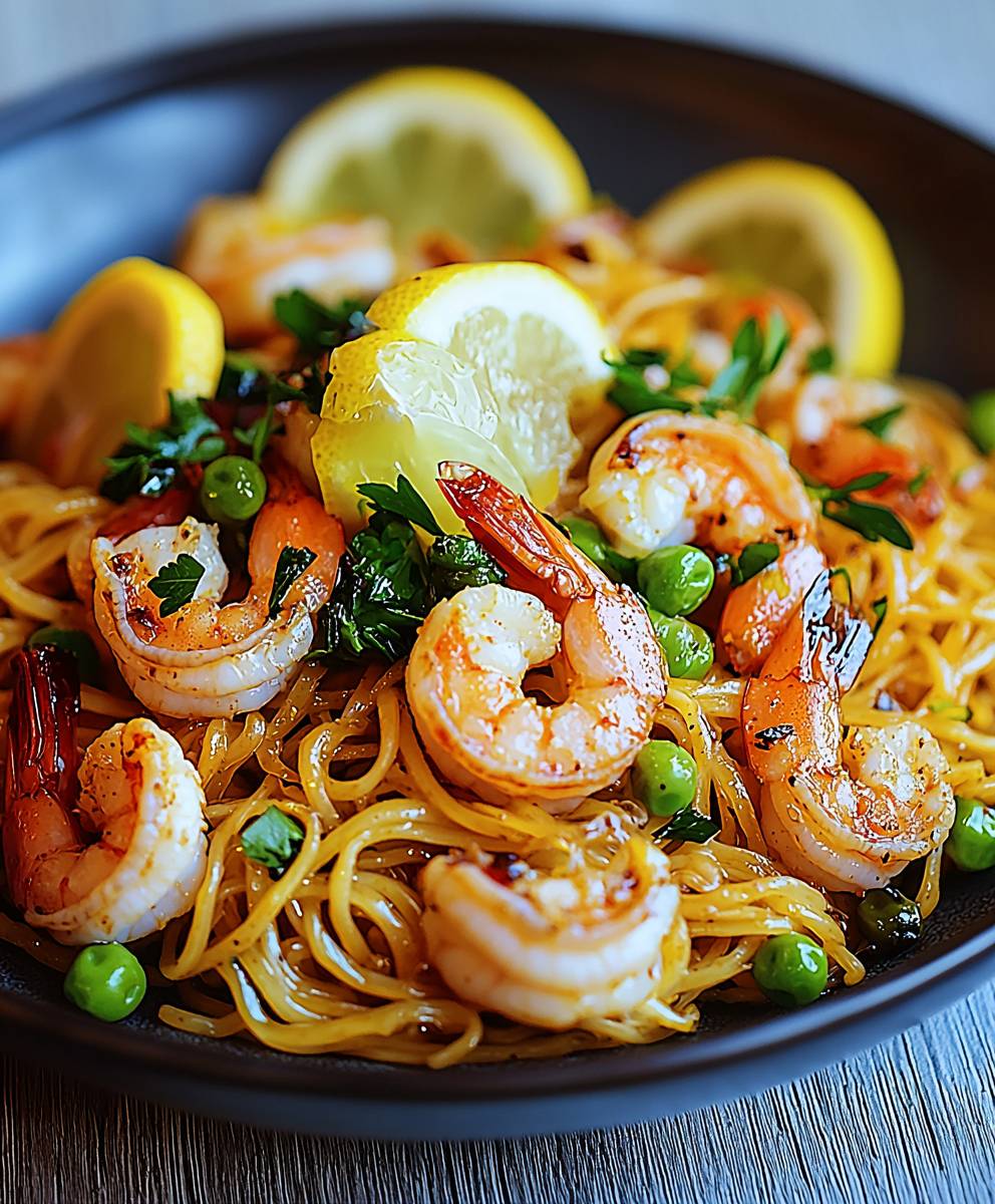 Yakisoba mit Meeresfrüchten Zitrone