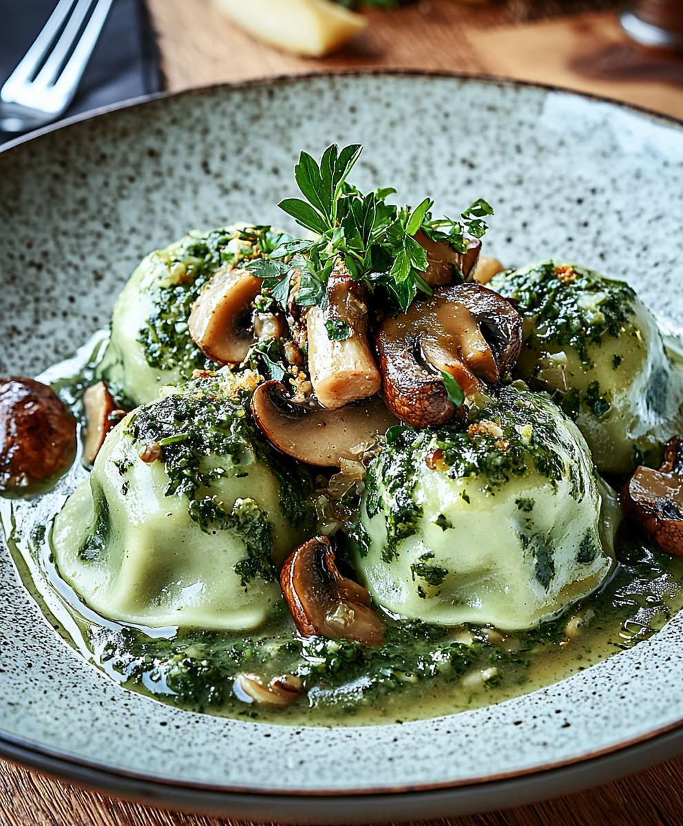 Spinatknödel Pilzragout