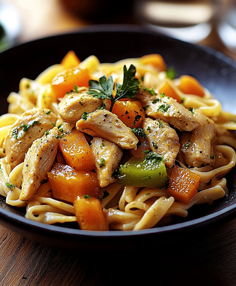 Hähnchen Kokos Sauce Nudeln
