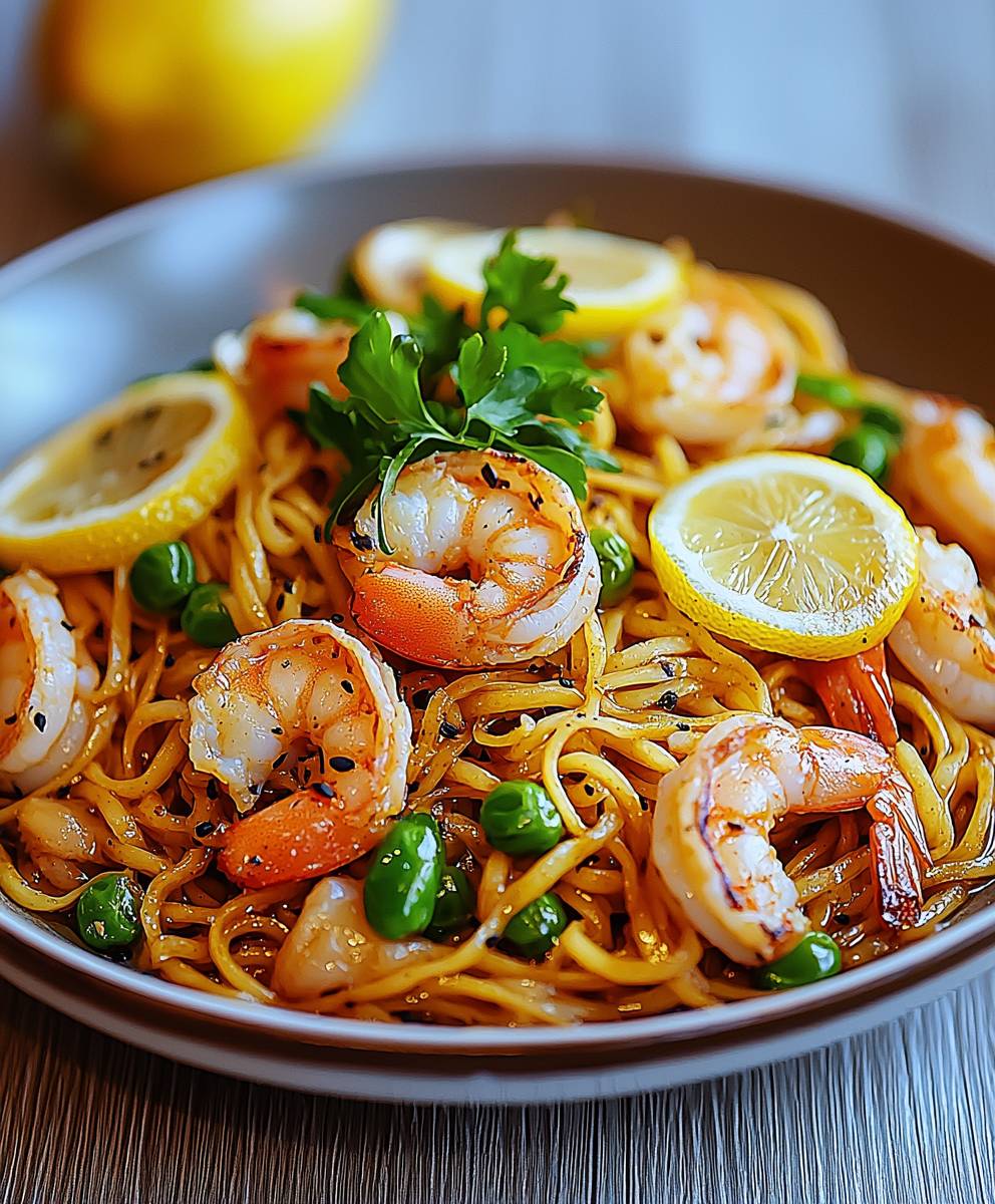 Yakisoba mit Meeresfrüchten Zitrone