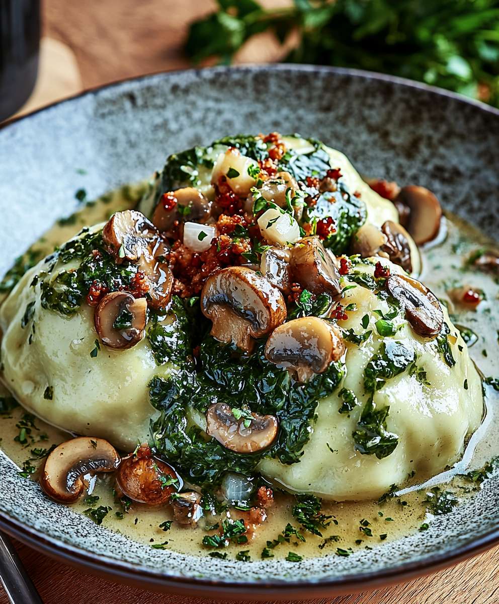 Spinatknödel Pilzragout