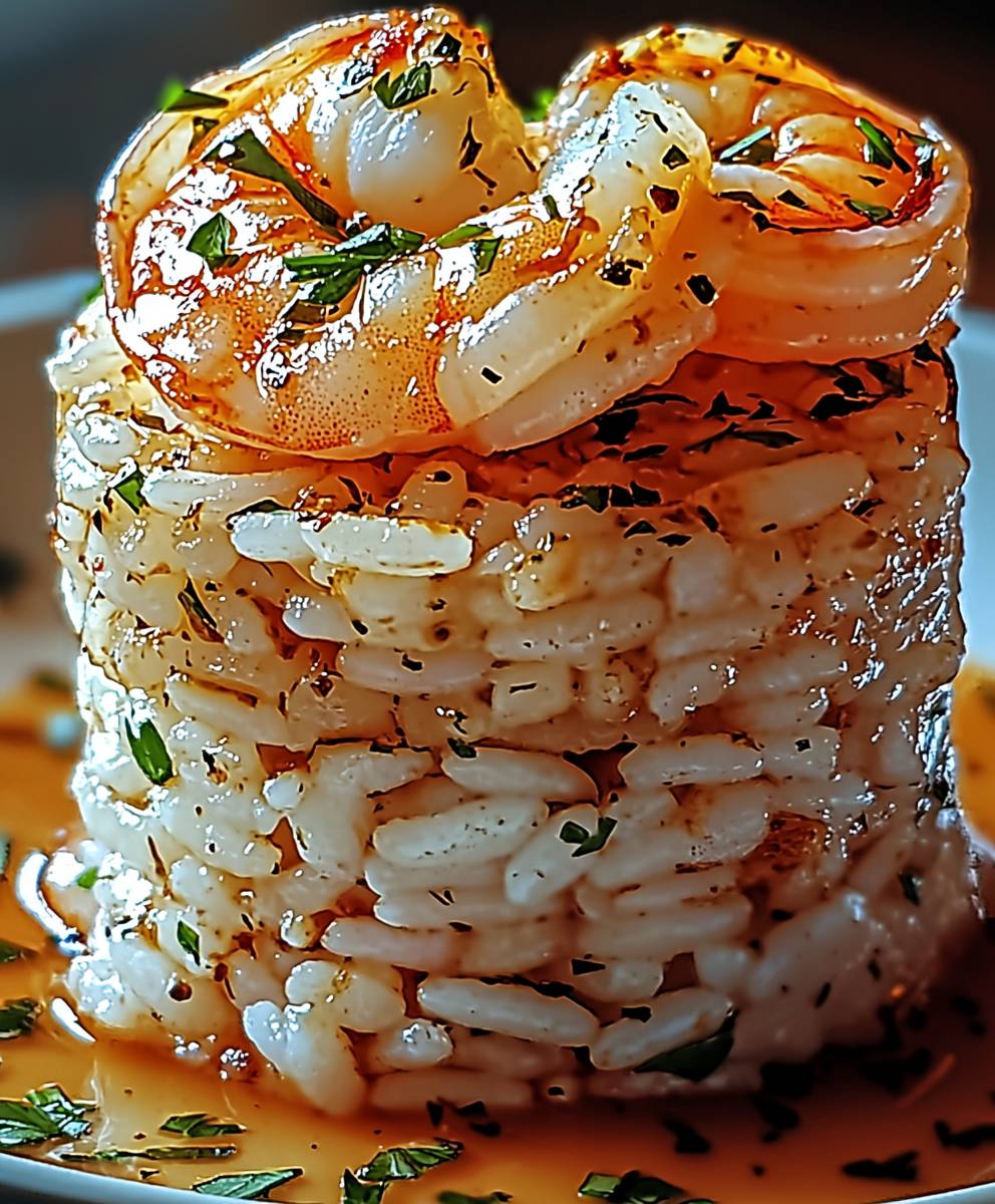 Knoblauchbutter Garnelen Reis Stapel